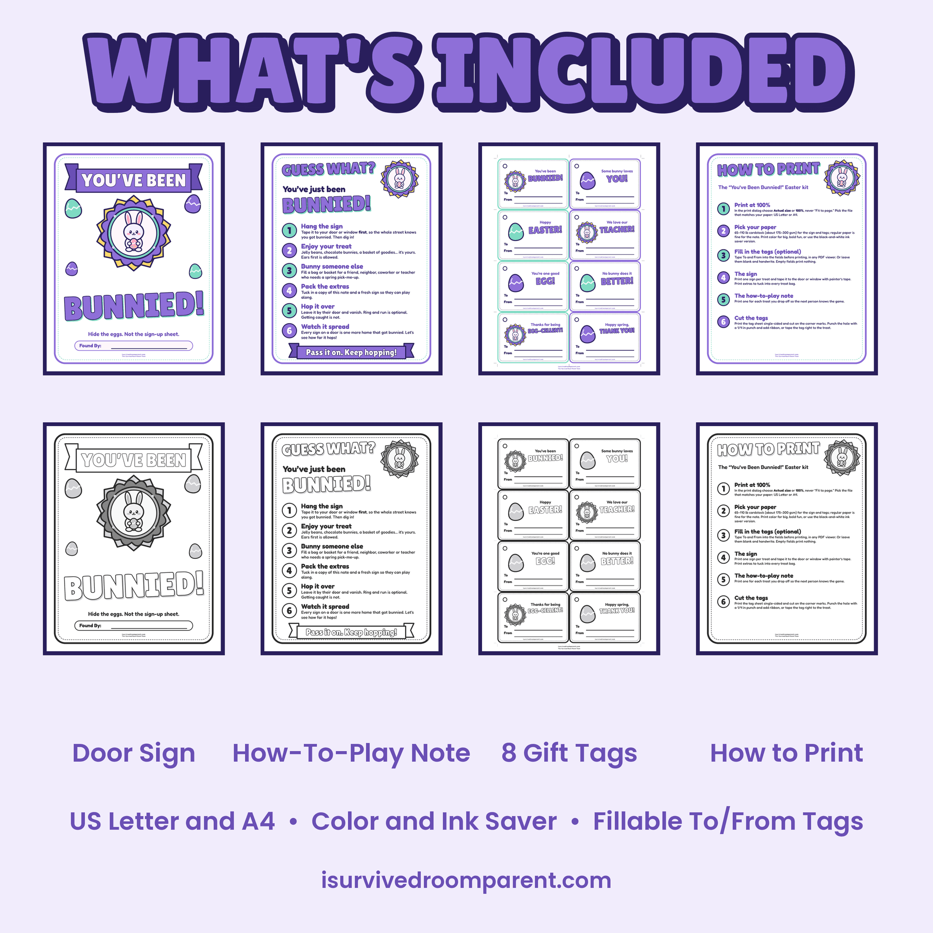 What's included in the You've Been Bunnied Easter printable kit: door sign, how-to-play note, 8 gift tags and how-to-print page, in full color and black-and-white ink saver
