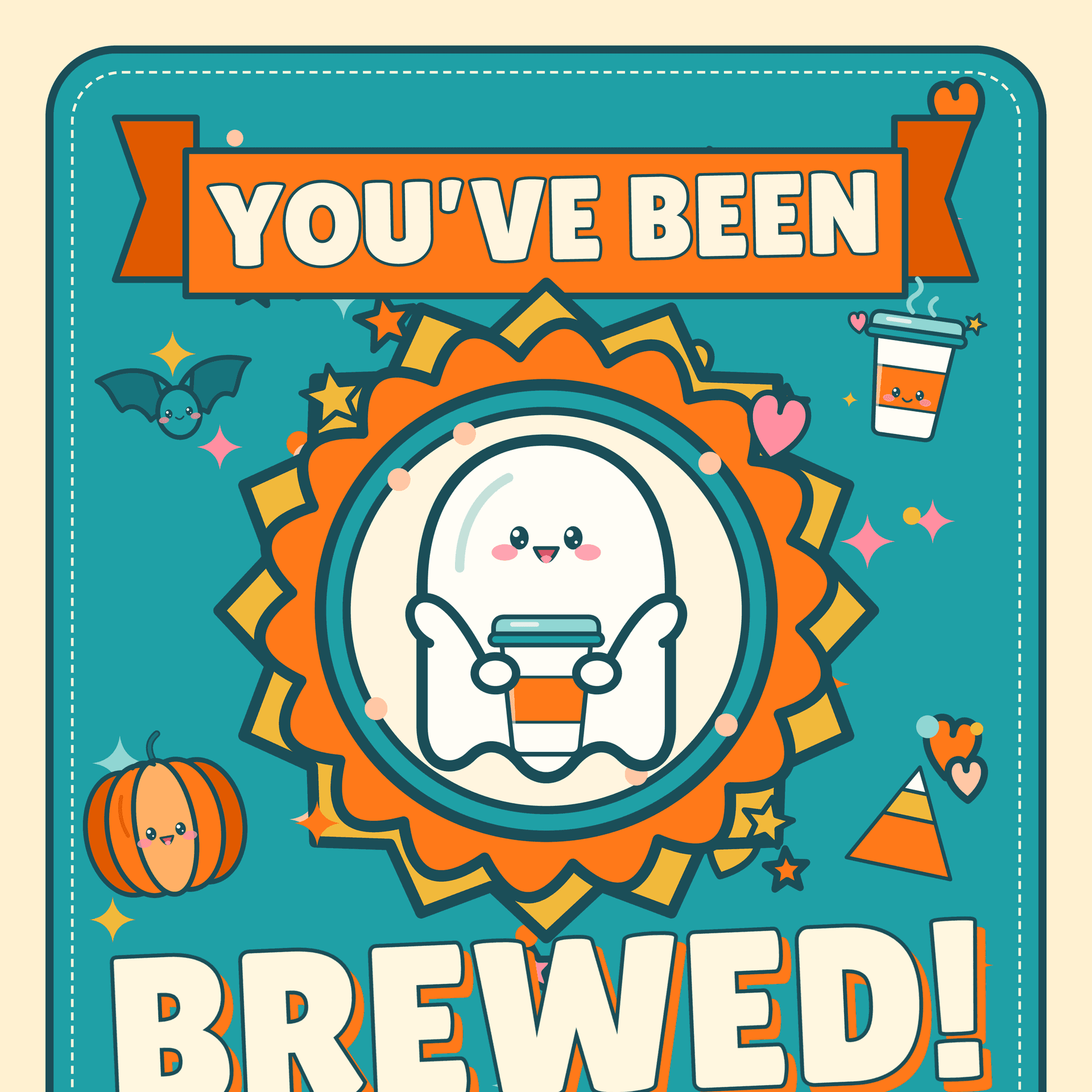 Closeup of the You've Been Brewed Halloween door sign with a cute ghost holding a to-go coffee cup inside an orange starburst badge, with a bat, pumpkin and candy corn