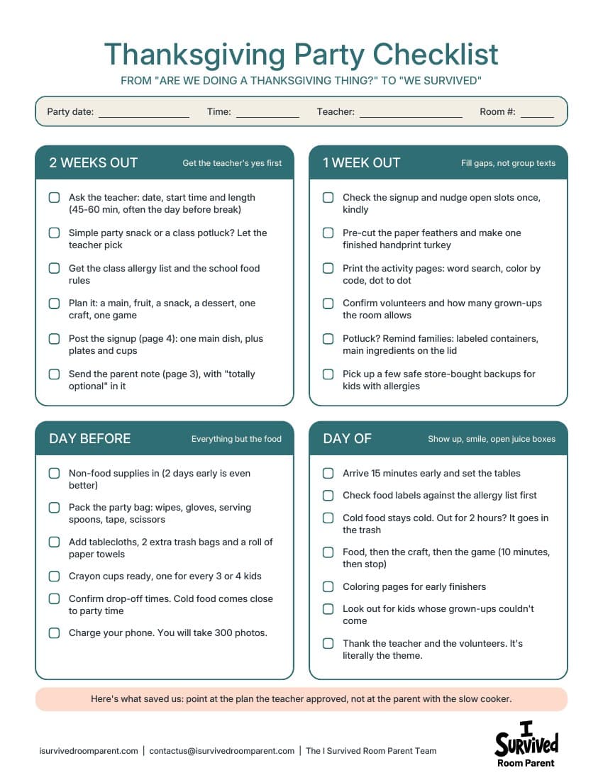 Thanksgiving party checklist page with to-dos for 2 weeks out, 1 week out, the day before and the day of the class party