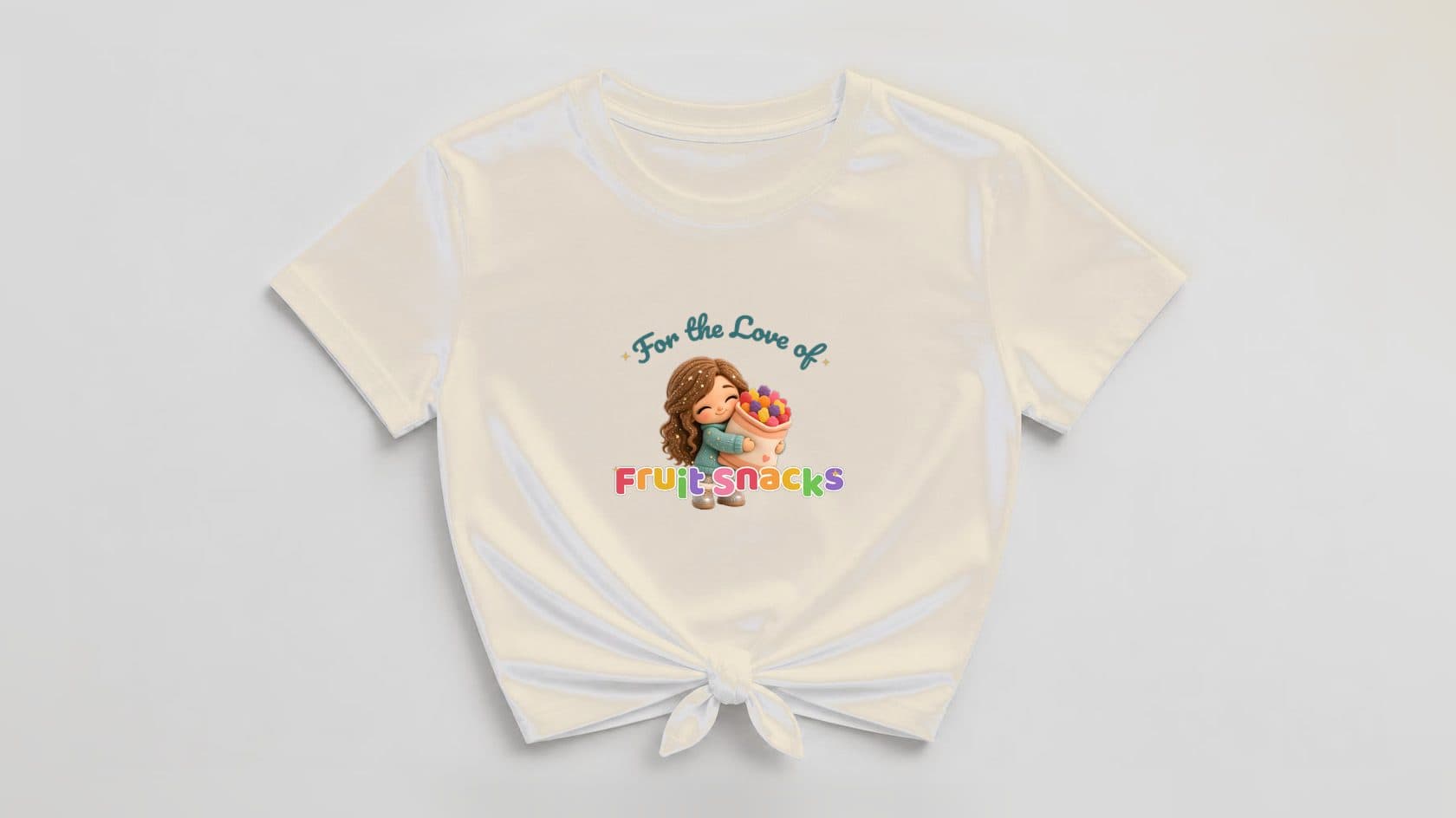 Natural cream knotted women's shirt with a plush chibi room mom hugging a peach pouch full of colorful fruit-shaped gummy fruit snacks, under "For the Love of" in teal script, with rainbow "Fruit Snacks" lettering and tiny gold sparkles