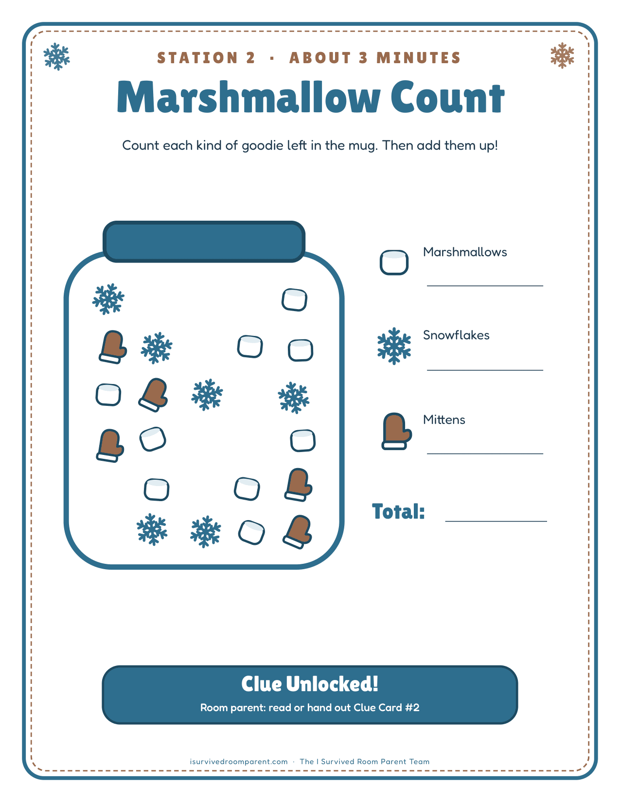 Marshmallow Count party station page with a mug of marshmallows, snowflakes and mittens to count