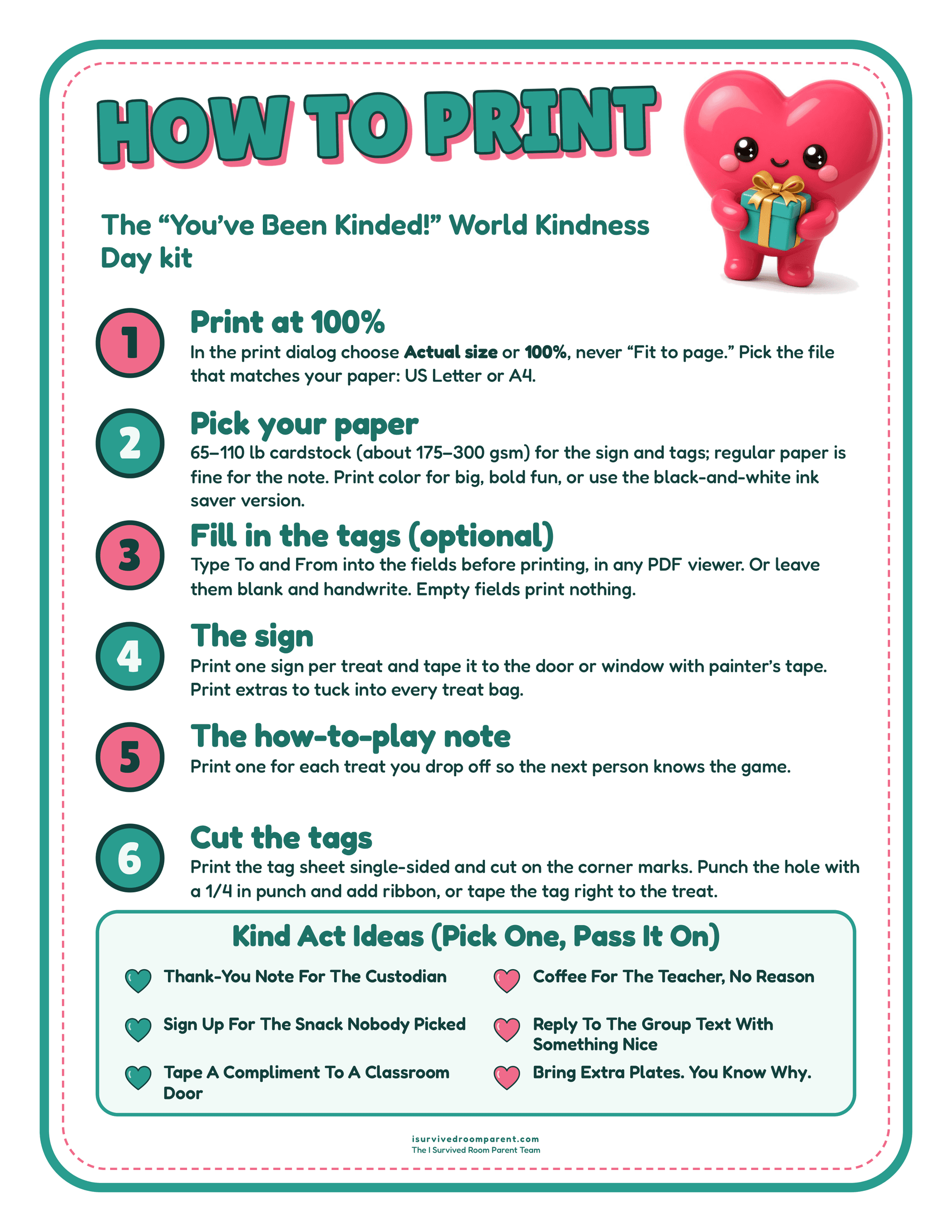 How to print guide for the You've Been Kinded kit with six printing steps and six kind act ideas