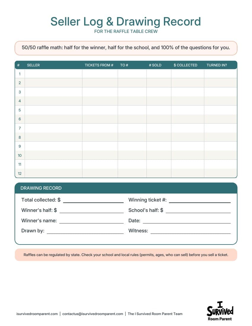 50/50 raffle seller log printable with 12 rows, a drawing record and a rules strip