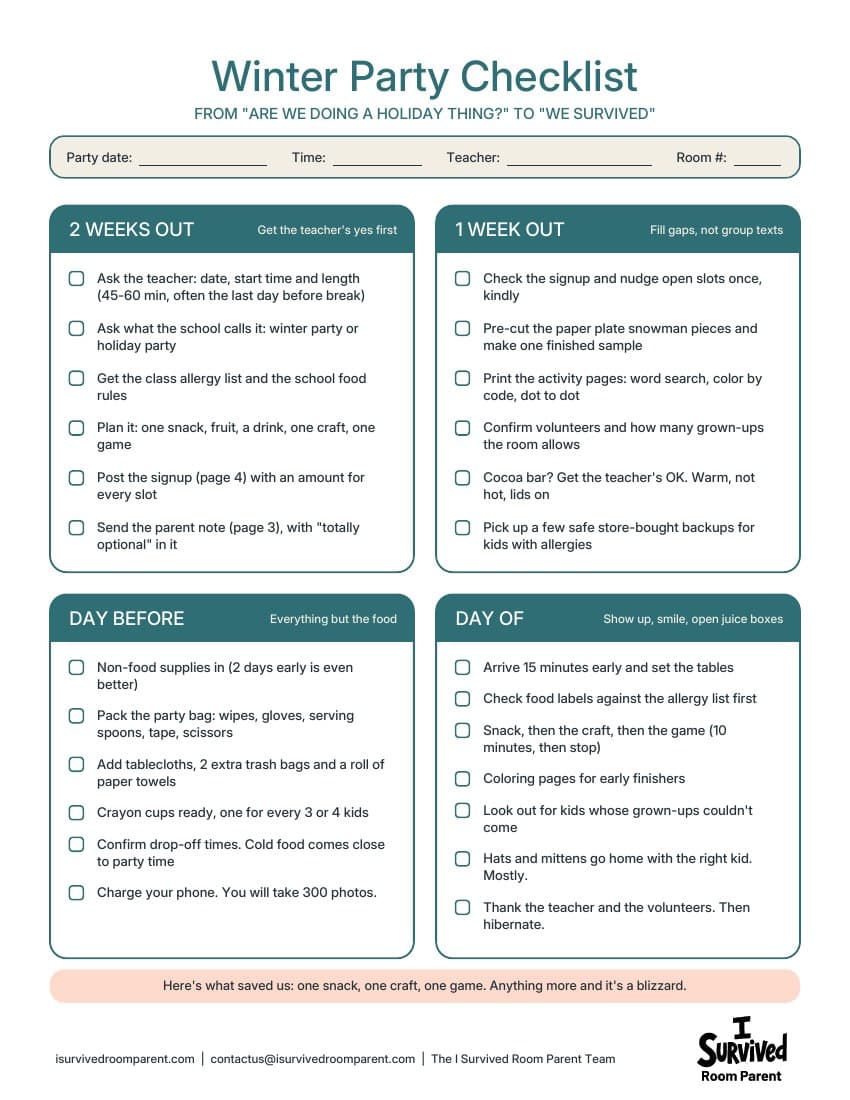 Winter party checklist page with to-dos for 2 weeks out, 1 week out, the day before and the day of the class party