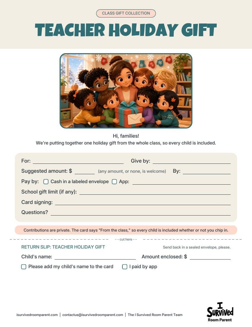 Teacher holiday gift collection form printable with a school gift limit line and a return slip