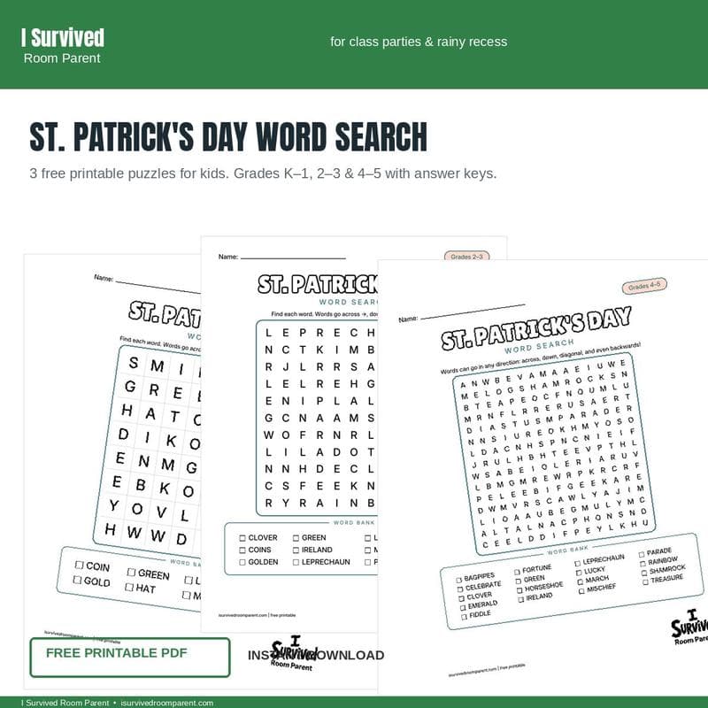 Free printable St. Patrick's Day word search for kids, grades K-1 through 4-5