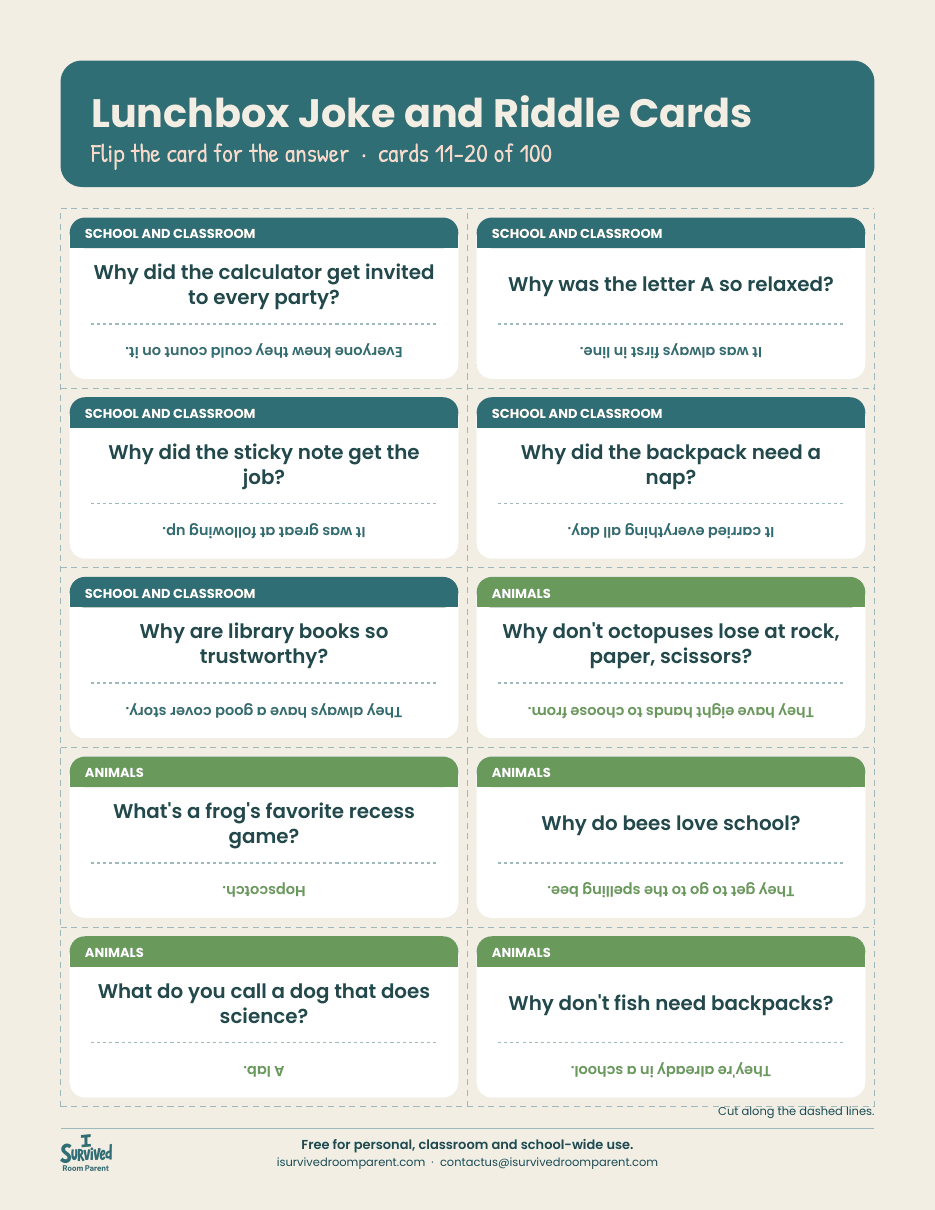 Second page of lunchbox joke cards with school and animal jokes, each answer printed upside down below a dashed line
