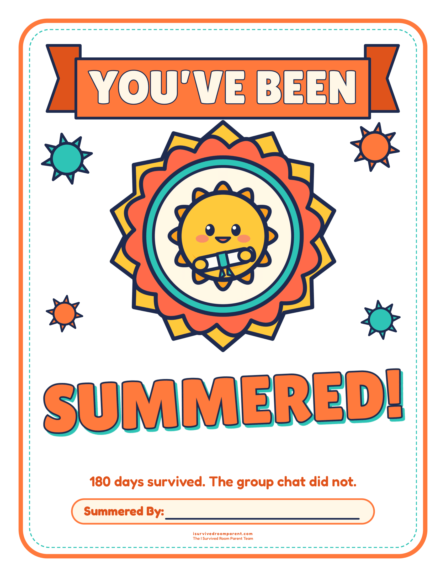 You've Been Summered end-of-year door sign with a smiling sun mascot and fillable Summered By line