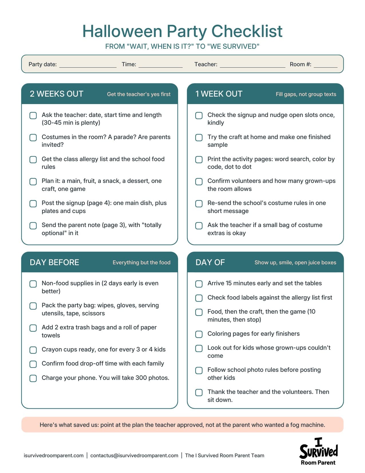 Halloween party checklist page from the free class party printables bundle, with to-dos for 2 weeks out, 1 week out, the day before and the day of