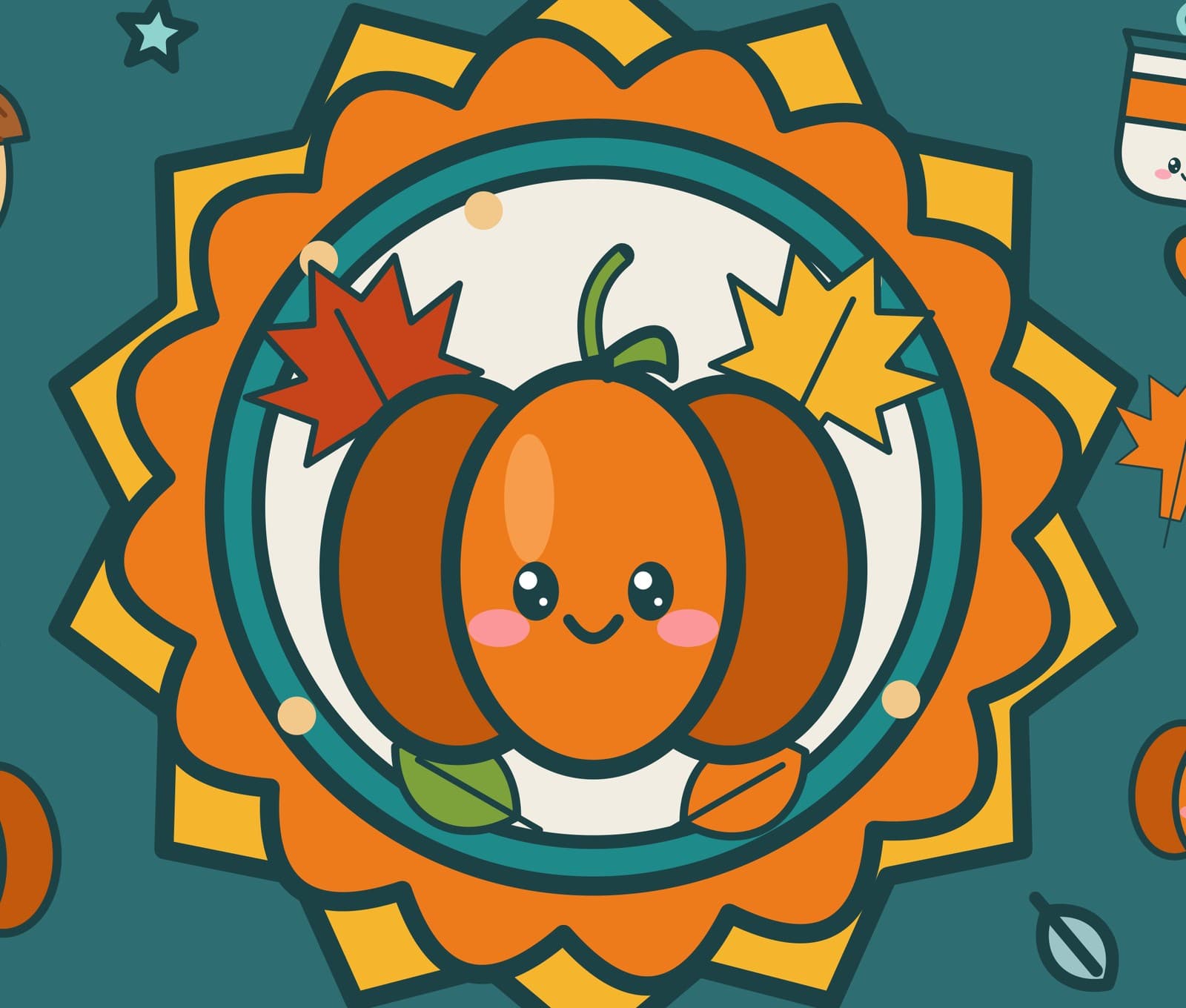Closeup of the You've Been Leafed door sign badge: a smiling orange pumpkin with red and gold maple leaves inside a teal ring and orange starburst