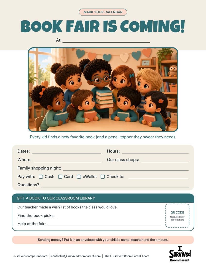 Free book fair flyer printable with chibi kids holding stacks of books around a library table