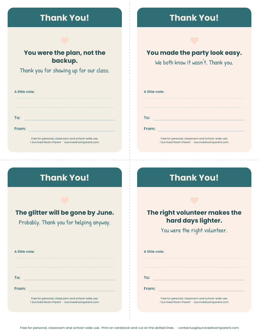Four cream and peach volunteer thank-you cards with teal Thank You banners, peach hearts, short funny messages and To and From lines