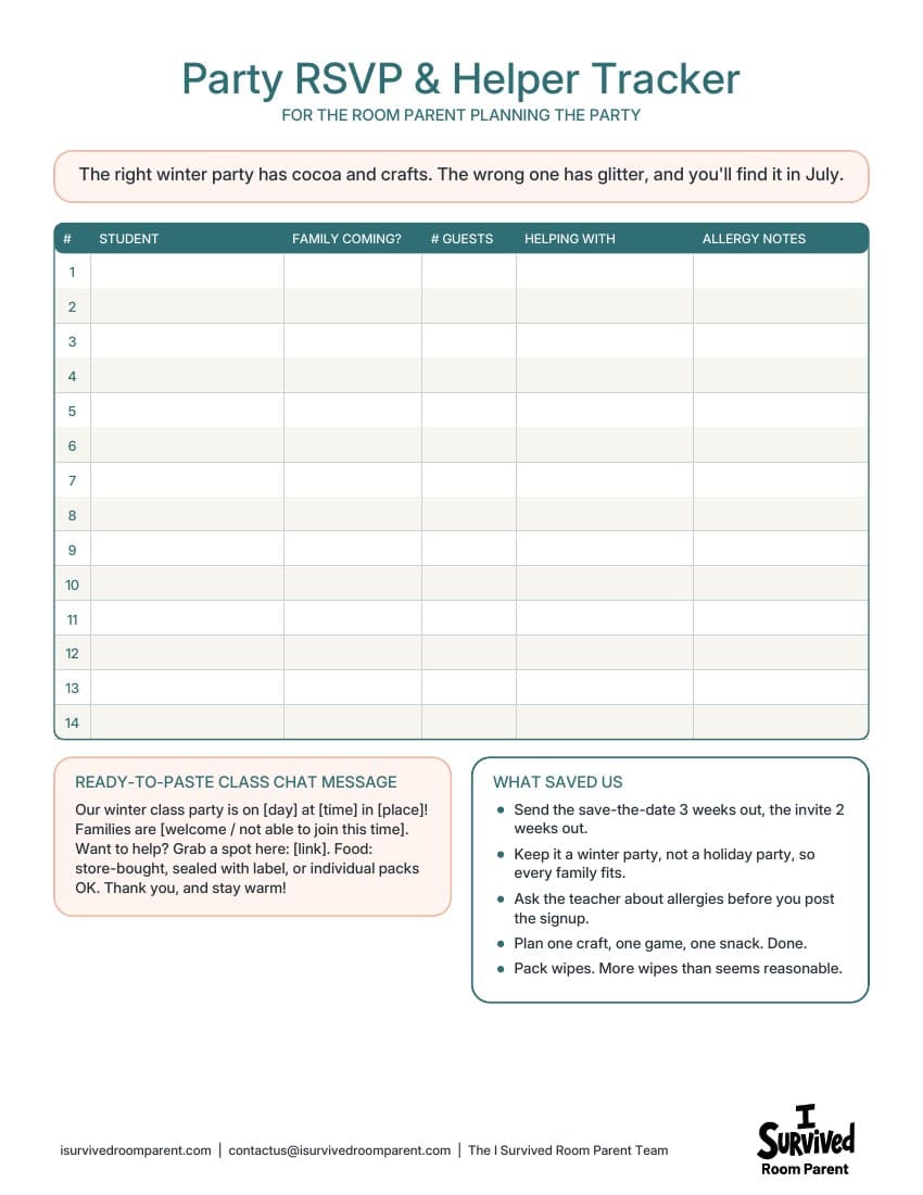 Party RSVP and helper tracker printable with rows for each family, a class chat message and party planning tips