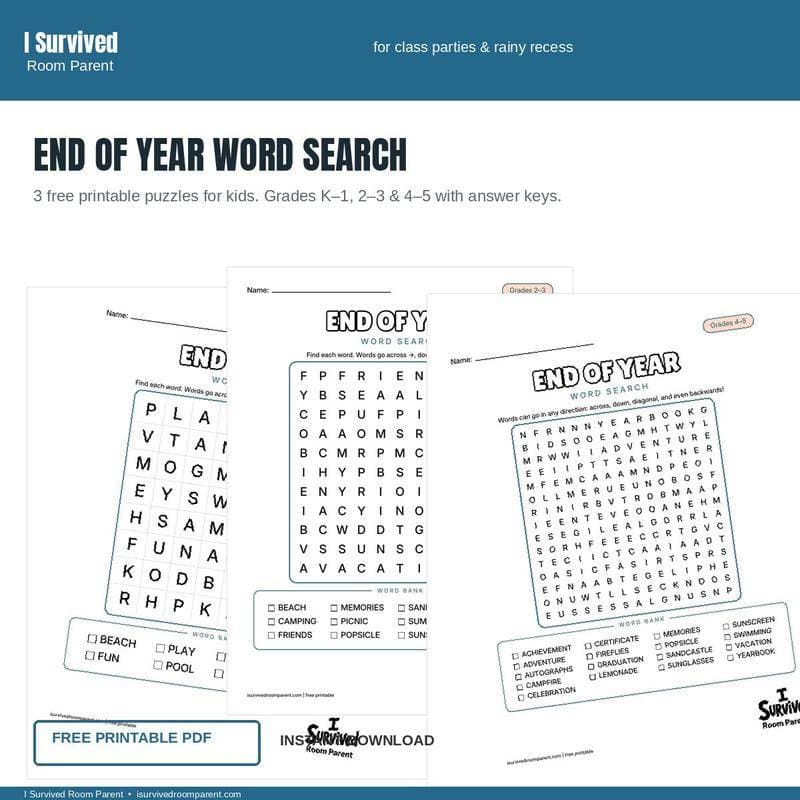 Free printable End of Year word search for kids, grades K-1 through 4-5