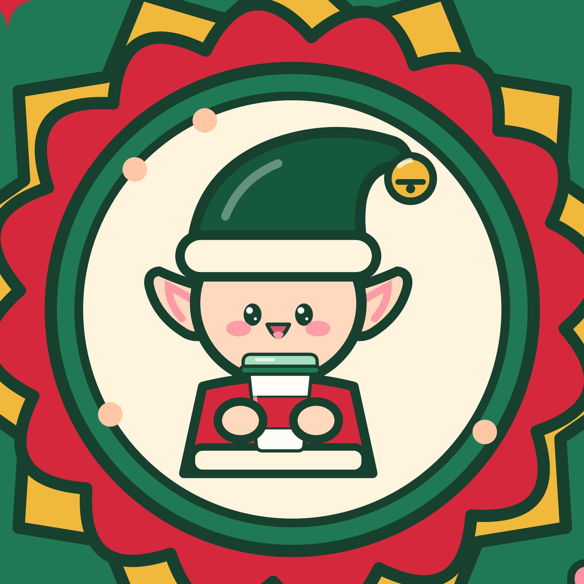 Closeup of the You've Been Jingled door sign elf with a green hat and jingle bell, rosy cheeks and a smile, holding a cocoa cup inside a red and gold starburst badge
