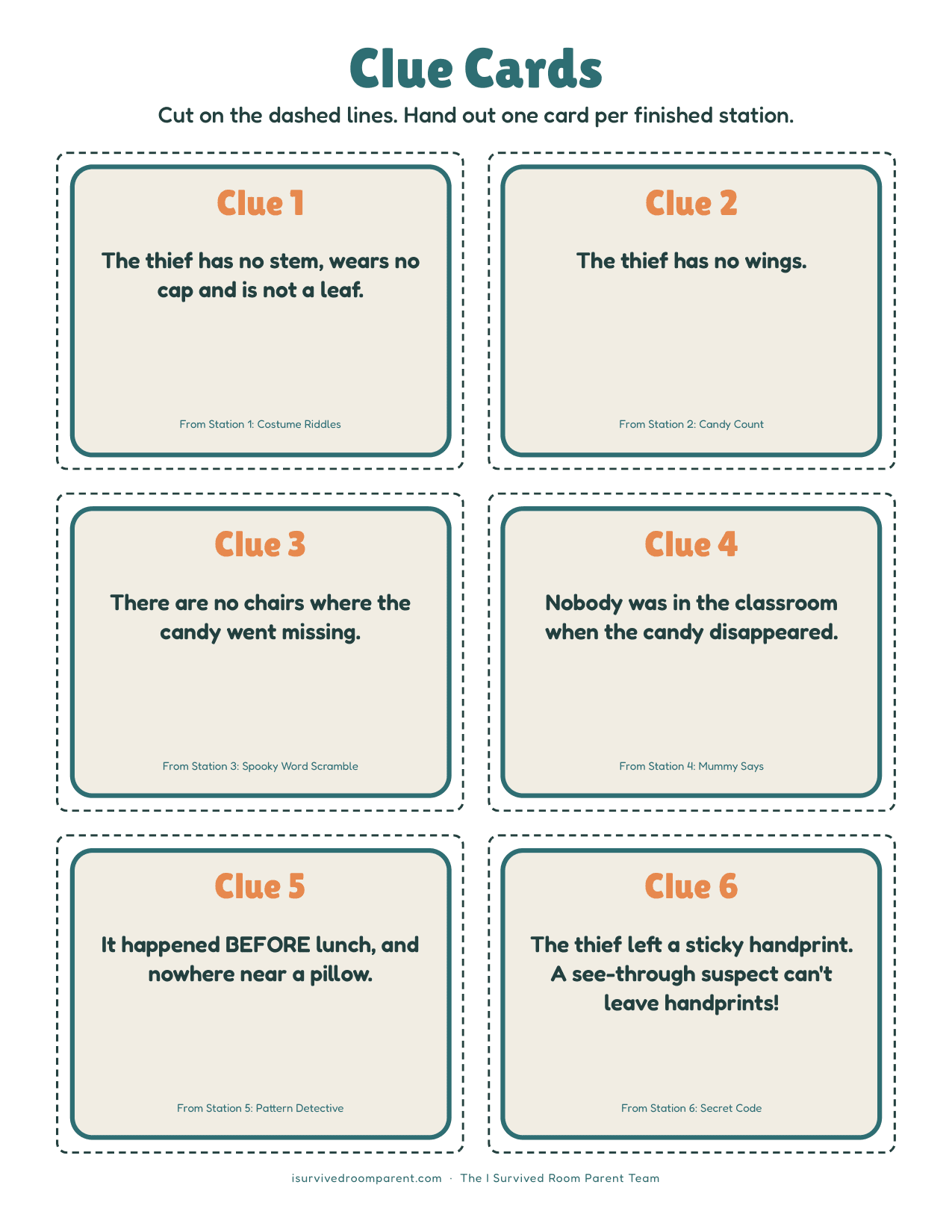 Six cut-apart clue cards for the class party candy mystery game