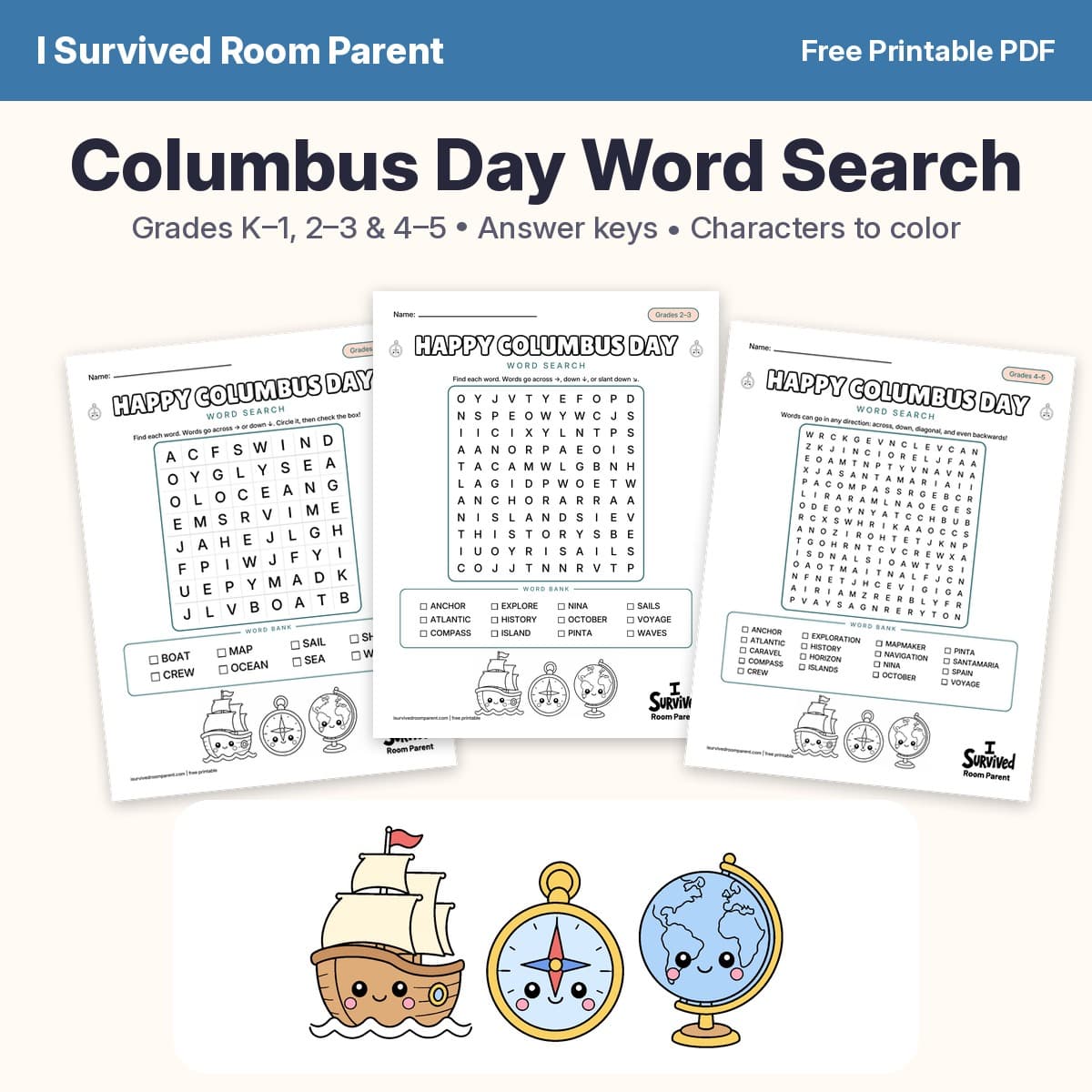 Free printable Columbus Day word search for kids with cute ship, compass and globe characters to color, grades K-1 through 4-5