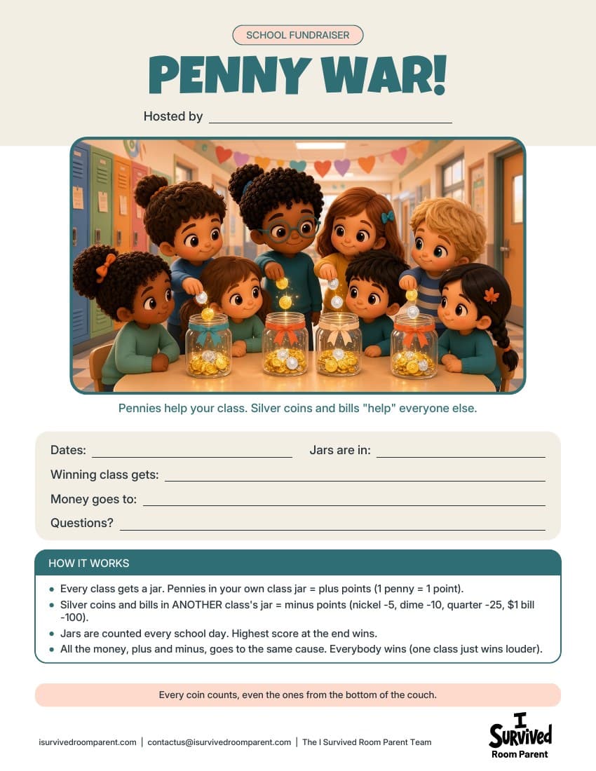 Free penny war fundraiser flyer printable with chibi kids dropping coins into ribbon-tied jars in a school hallway