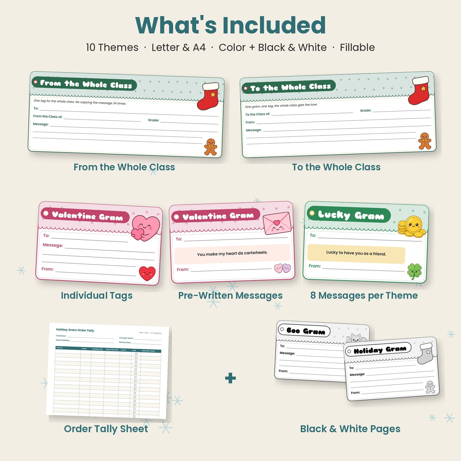 What's included in the Holiday Gram Tags kit: Christmas Whole Class tags, Valentine and Lucky Gram tags with pre-written messages, an order tally sheet and black and white Boo Gram and Holiday Gram tags
