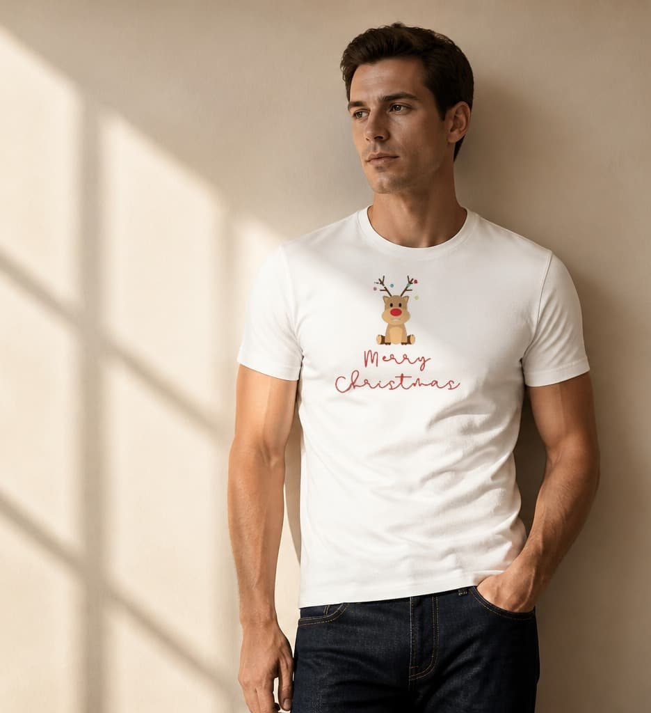 Man wearing a white Merry Christmas reindeer shirt with a brown cartoon reindeer in Christmas lights and red script lettering