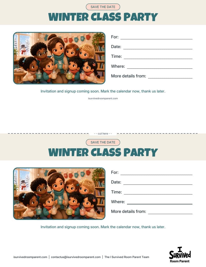 Two winter class party save the date cards on one printable page with a cut line and blanks for the date, time and place