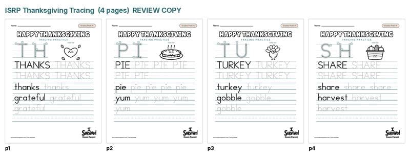Free Thanksgiving tracing worksheets printable for preschool and kindergarten