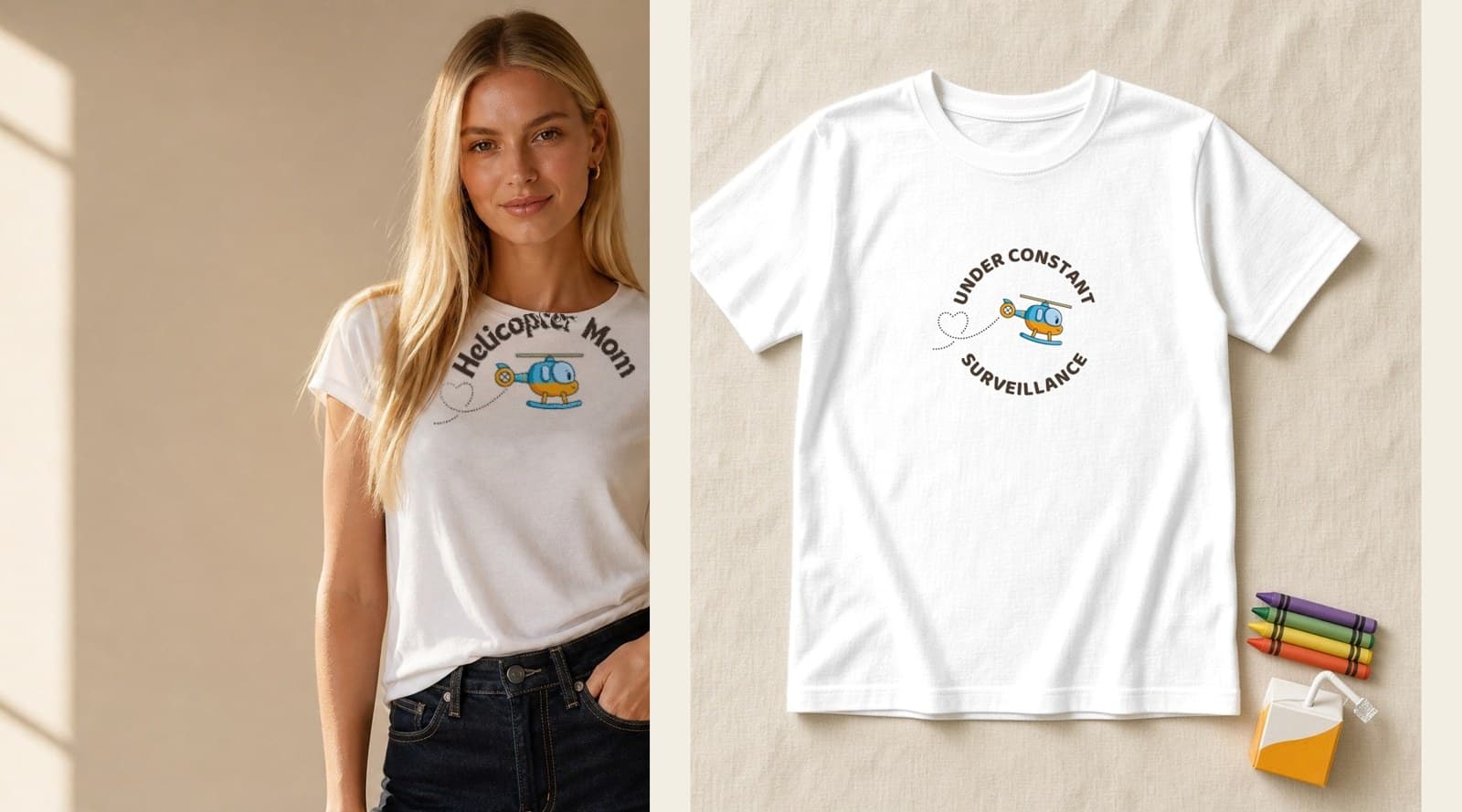 Helicopter Mom shirt next to the matching Under Constant Surveillance kids shirt