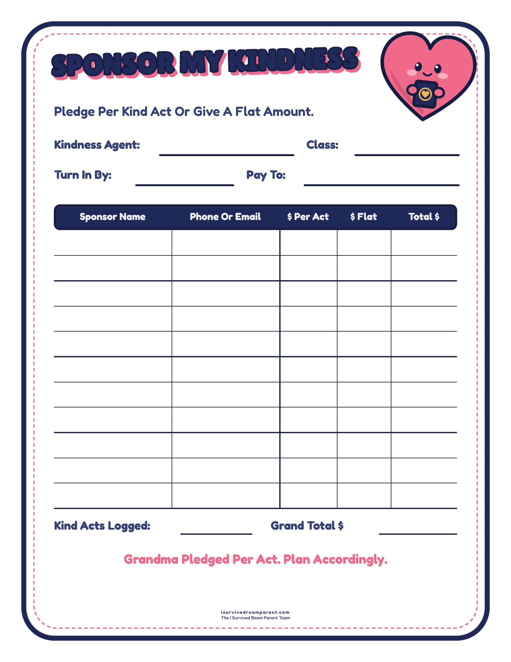 Sponsor My Kindness fundraiser pledge sheet with per-act and flat donation columns and a grand total