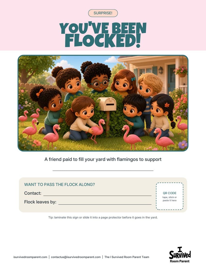 You've Been Flocked yard sign printable with chibi kids, pink flamingos and a QR code box