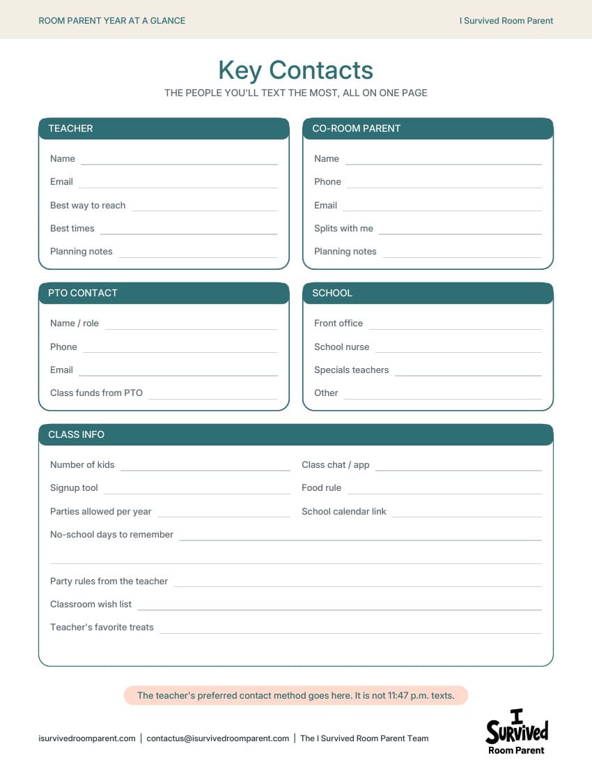 Key contacts page with fill-in cards for the teacher, co-room parent, PTO contact, school office and class info