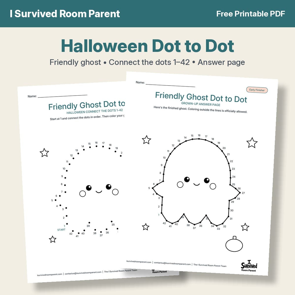 Halloween dot to dot printable cover showing a friendly ghost connect the dots page and its answer page