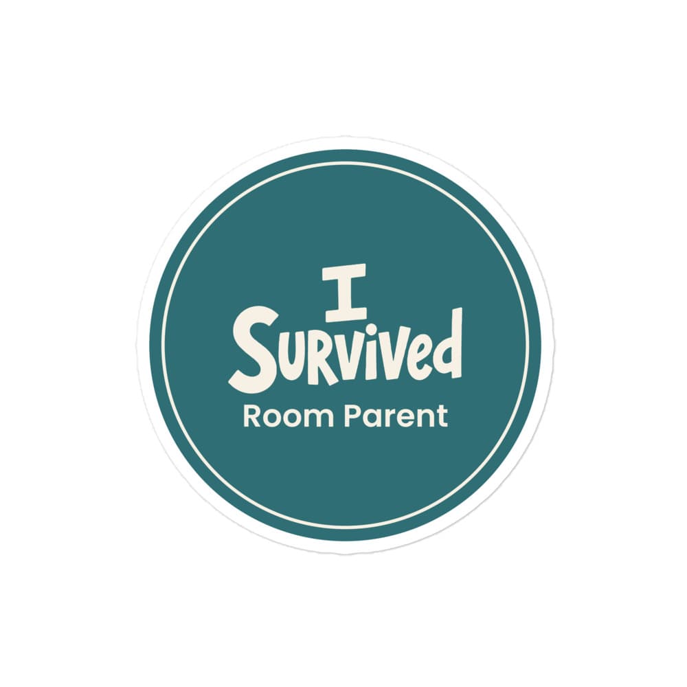 Printful mockup of the I Survived Room Parent 4 in kiss-cut vinyl logo sticker on white backing