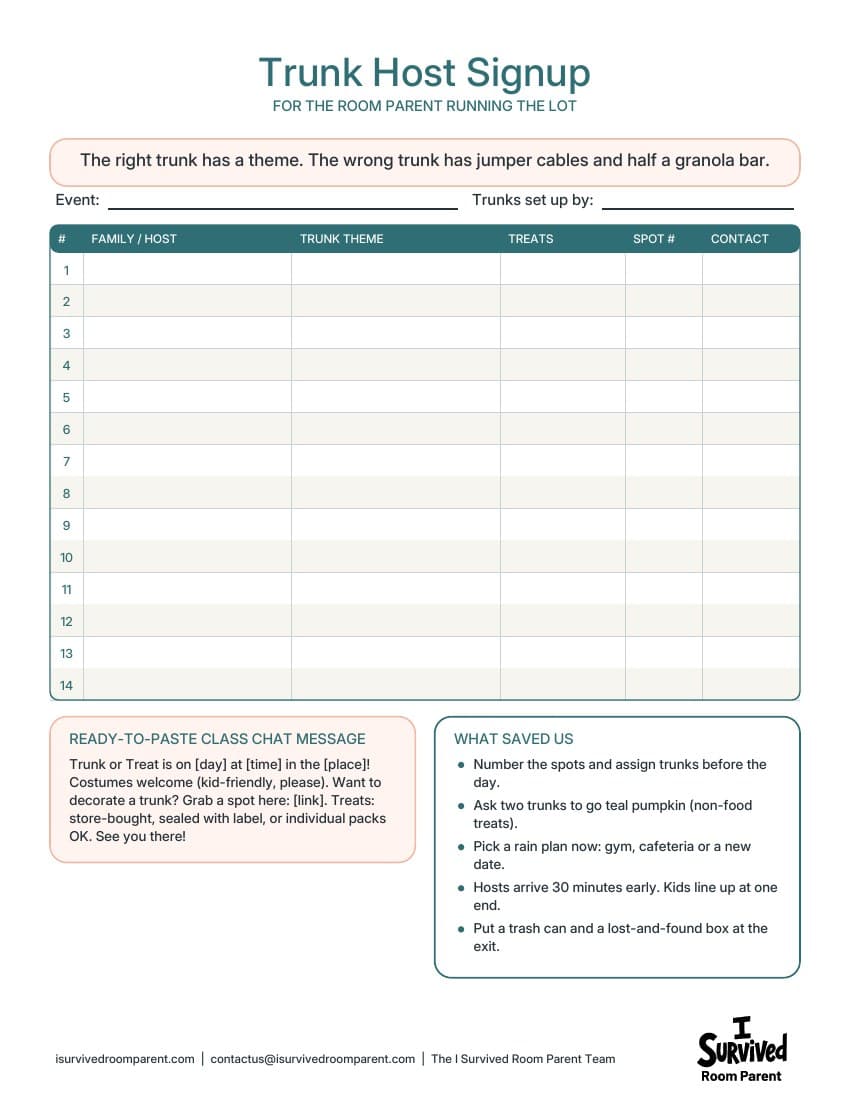 Trunk host signup sheet printable with 14 rows for trunk themes and contact details, a class chat message and setup tips