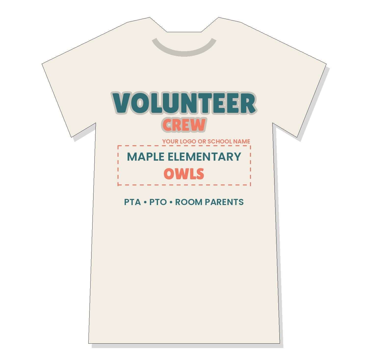Cream Volunteer Crew shirt back with "Volunteer Crew" above a custom school name spot and "PTA, PTO, Room Parents"