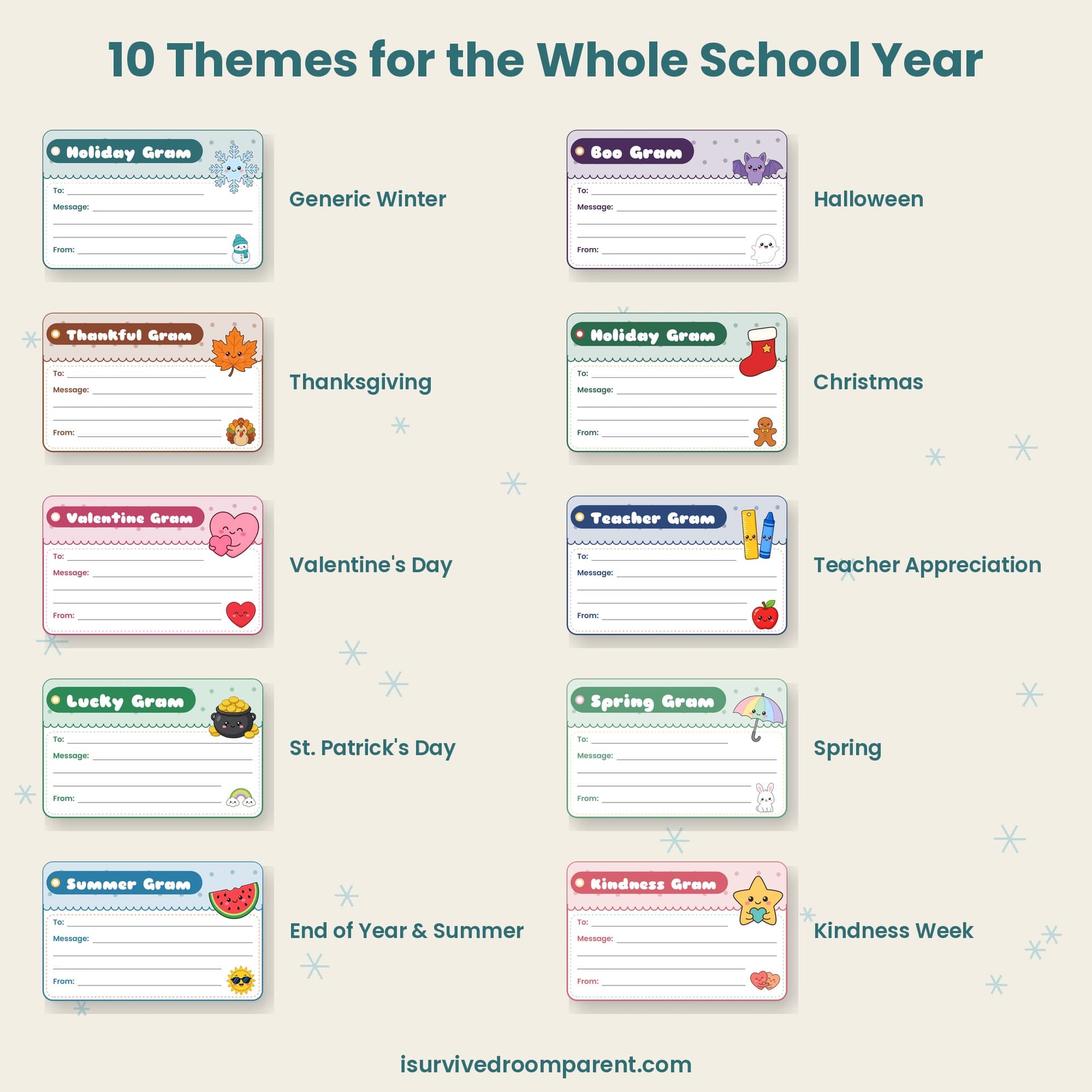 Grid of 10 holiday gram tag themes with pale polka dot headers: Generic Winter, Halloween, Thanksgiving, Christmas, Valentine's Day, Teacher Appreciation, St. Patrick's Day, Spring, End of Year and Summer, and Kindness Week