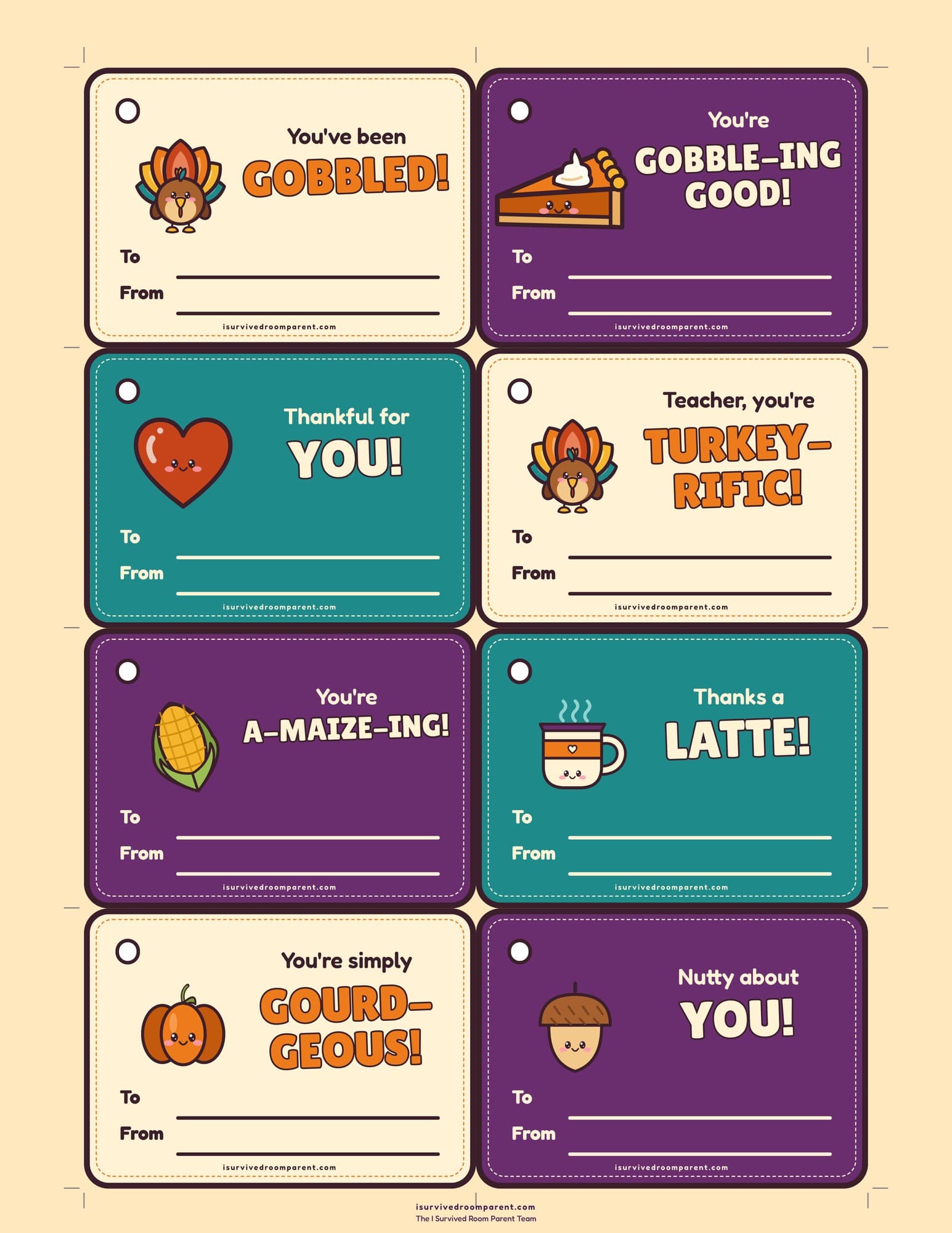 Thanksgiving gift tags with To and From lines reading You've been gobbled, Thankful for you, Teacher, you're turkey-rific and You're simply gourd-geous
