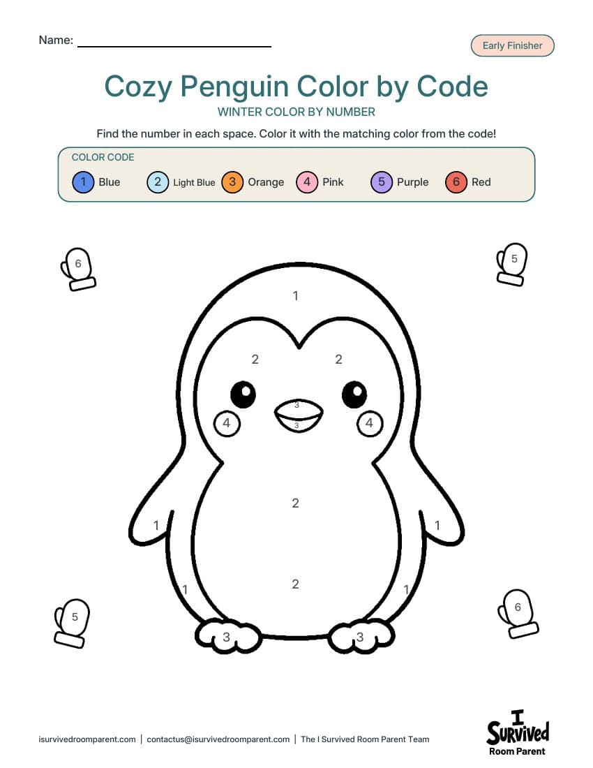 Cozy penguin color by code winter printable with a six-color key: blue, light blue, orange, pink, purple and red