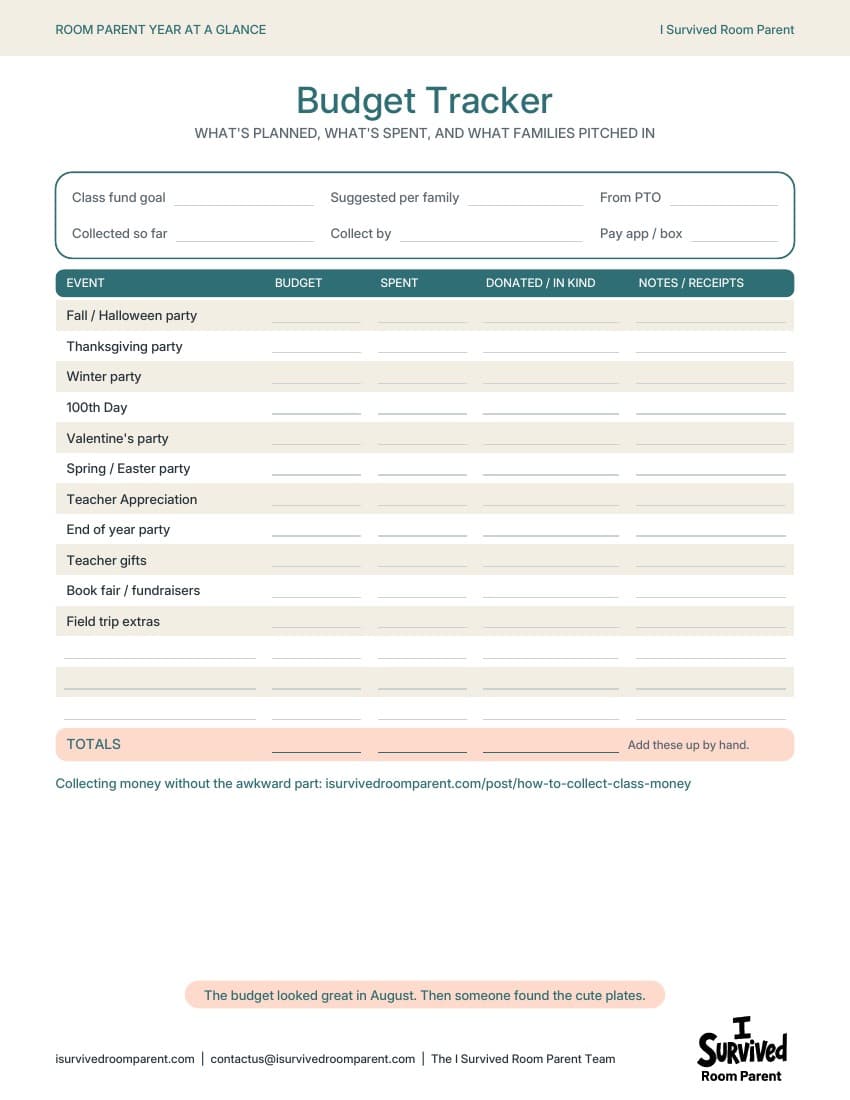Room parent budget tracker with class fund fields and budget, spent and donated columns for each party and event
