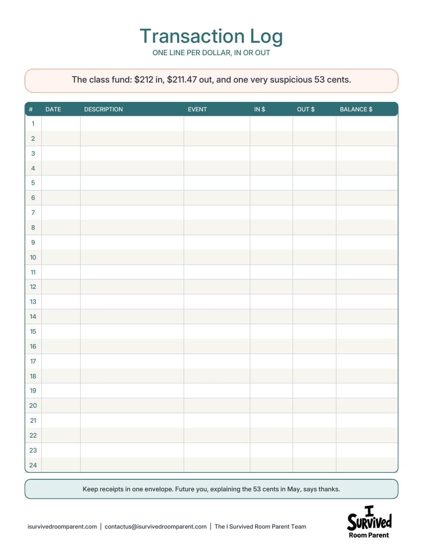 Class budget tracker transaction log printable with columns for date, description, event, money in, money out and balance