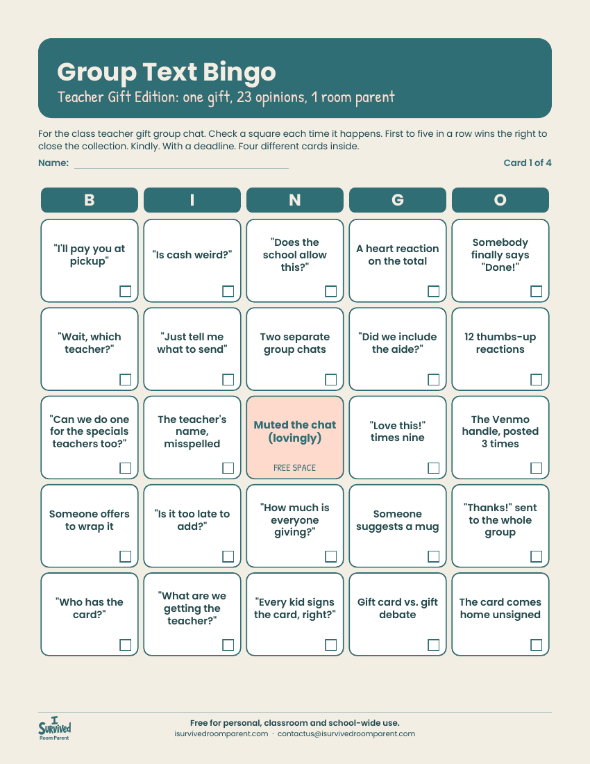 Group Text Bingo Teacher Gift Edition card with teal header and squares of funny group chat moments around a Muted the chat free space