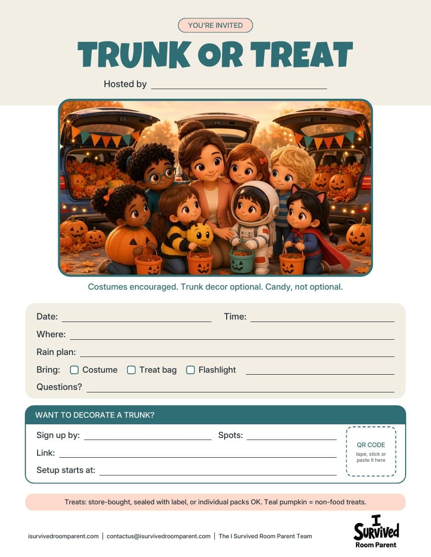 Free trunk or treat flyer printable with chibi kids in costumes holding treat buckets in front of decorated car trunks