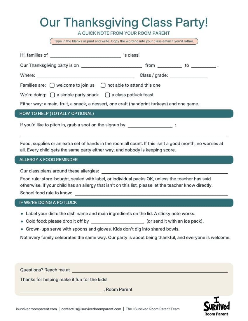 Fill-in-the-blank Thanksgiving class party parent note with party details, a snack or potluck choice, an optional signup ask and allergy and potluck reminders
