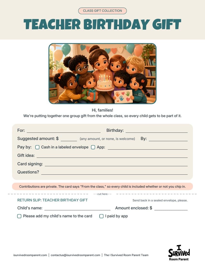 Free teacher gift money collection form printable with chibi kids surprising their teacher with a birthday cake