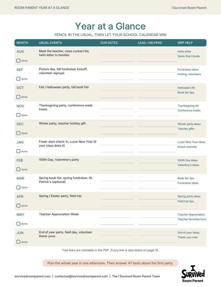 Year at a glance page listing the usual class parties and events from August to June with date, helper and done fields