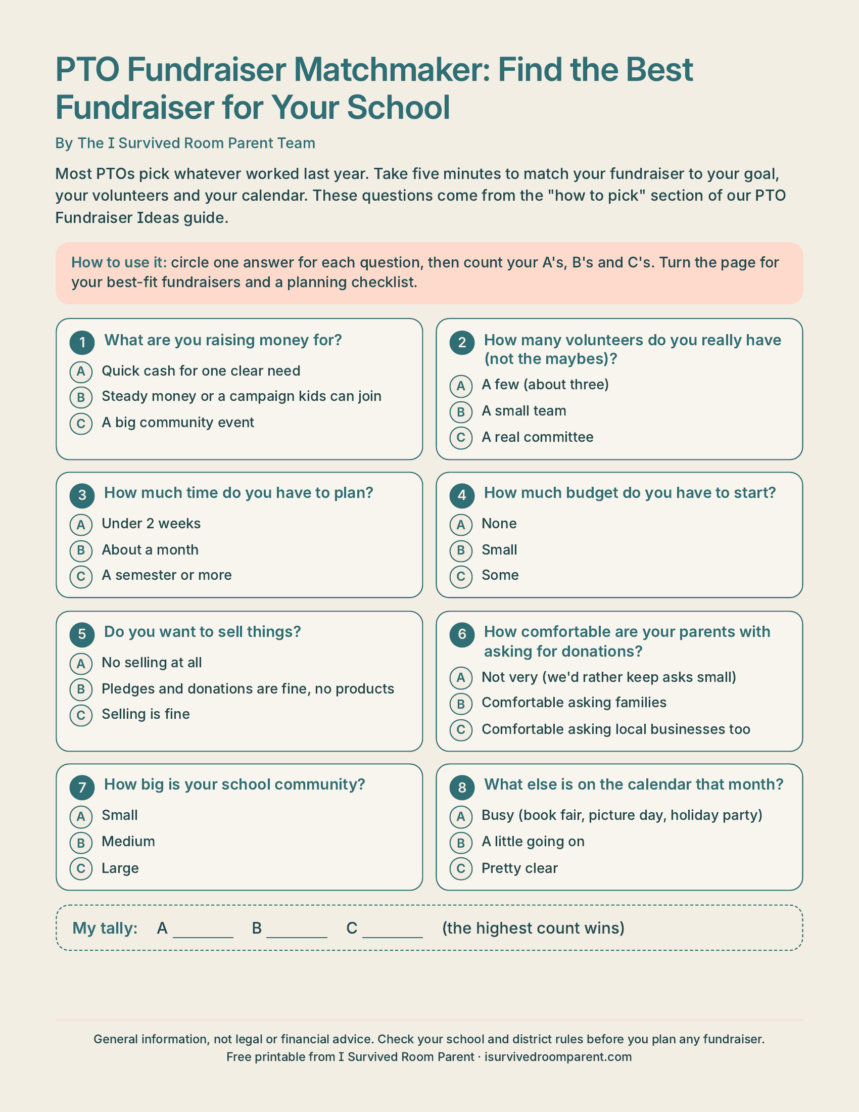 PTO fundraiser matchmaker free printable quiz page with eight circle-one questions in teal and cream, from volunteers and budget to school size and calendar