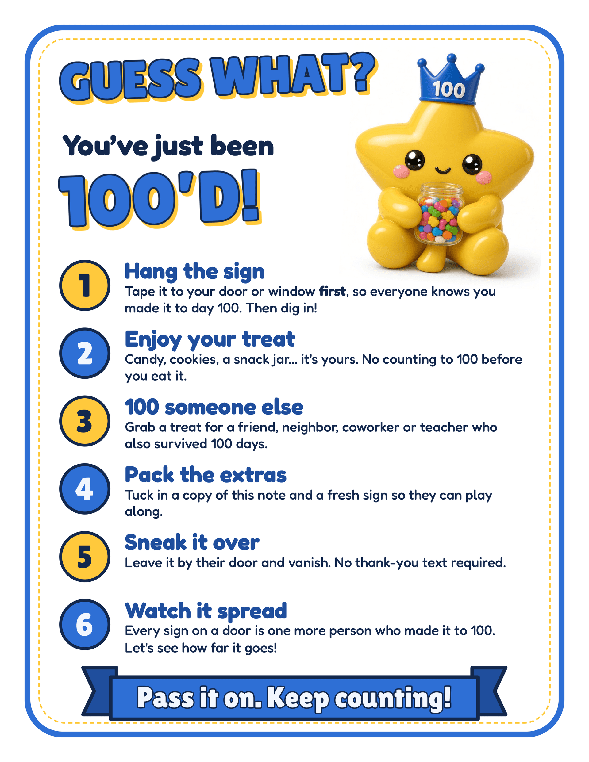 Guess What You've Been 100'd how-to-play note with six steps for the 100th Day of School drop-off game
