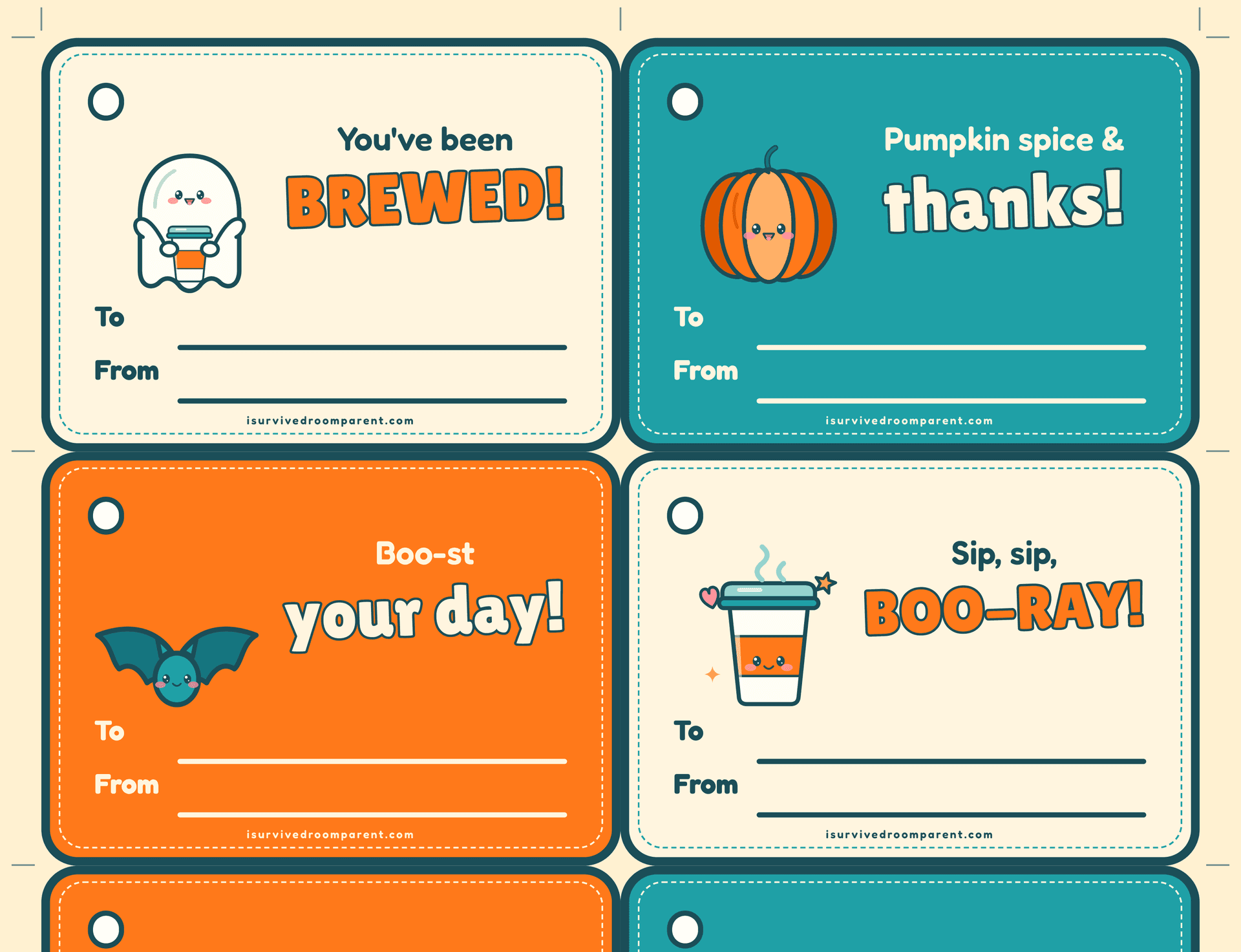 Halloween coffee gift tags with To and From lines reading You've been brewed, Pumpkin spice and thanks, Boo-st your day and Sip, sip, BOO-RAY