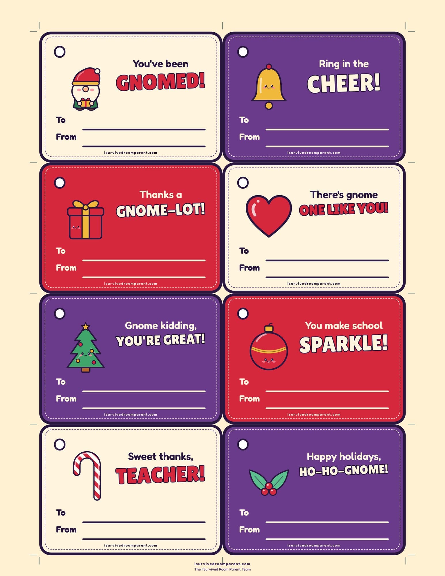 Christmas gnome gift tags with To and From lines reading You've been gnomed, Ring in the cheer, Thanks a gnome-lot and Happy holidays, HO-HO-GNOME