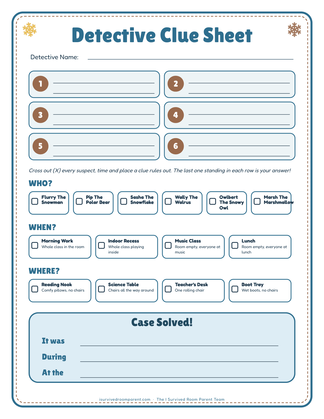 Fillable detective clue sheet with six clue lines and a cross-out grid for who, when and where