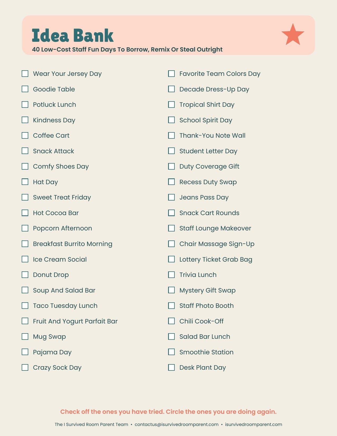 Idea Bank checklist of 40 low-cost staff fun days for schools